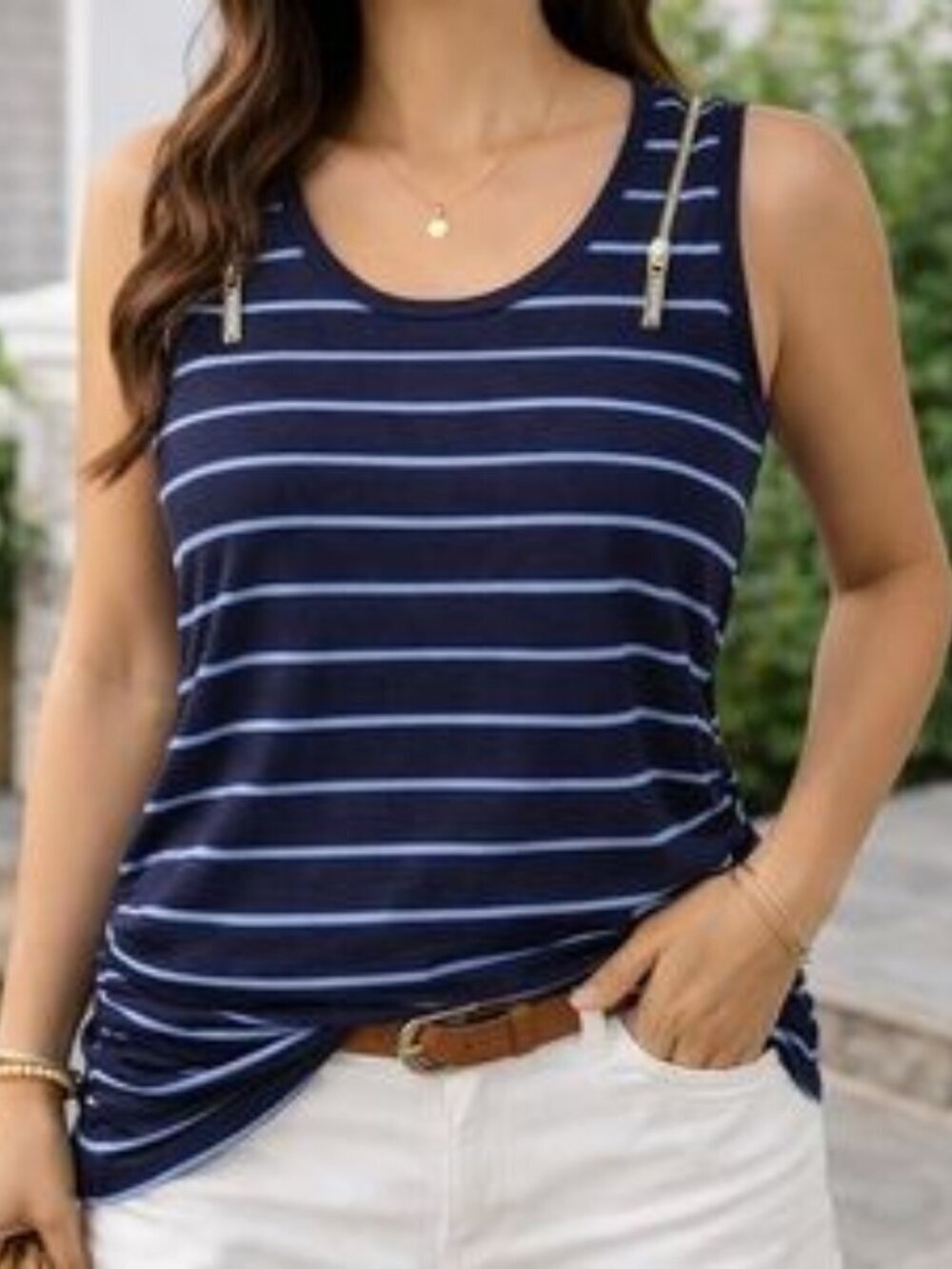 MICHAEL Michael Kors Navy Blue Stripe Zipper Shoulder Ruched Tank Top sz Medium